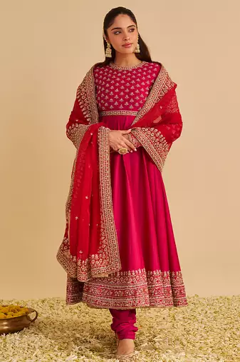 Pink embroidered silk anarkali set with jacket