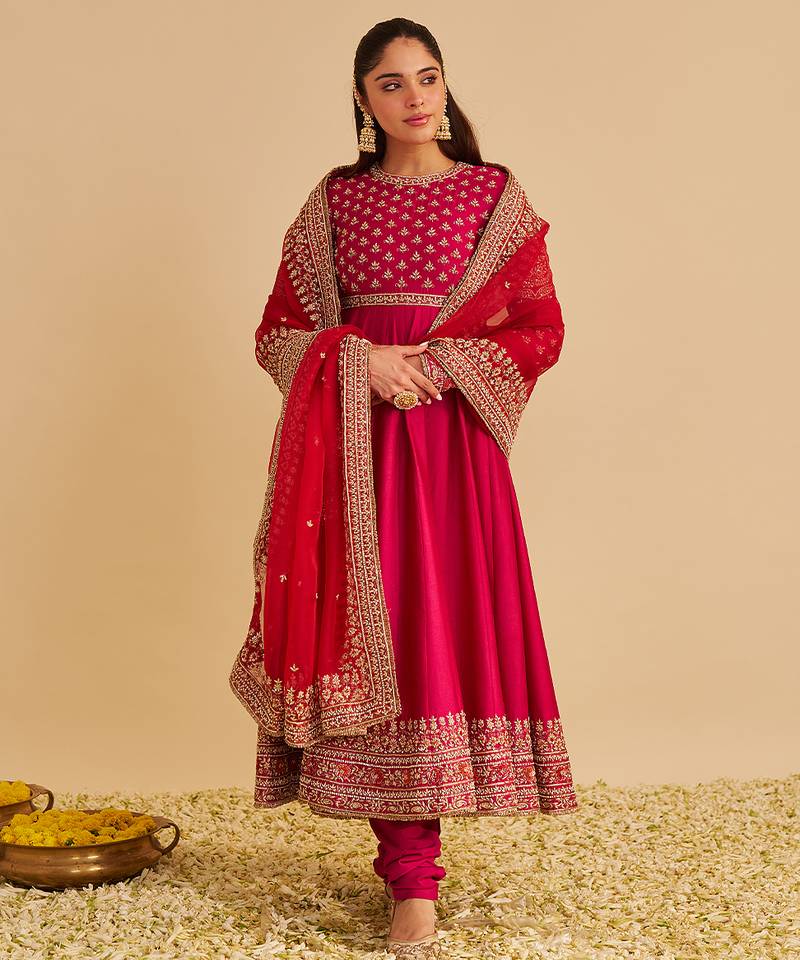 Pink embroidered silk anarkali set with jacket
