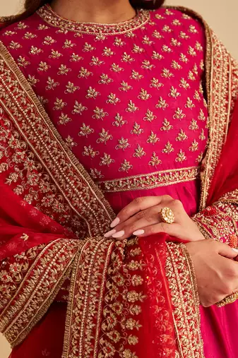 Pink embroidered silk anarkali set with jacket