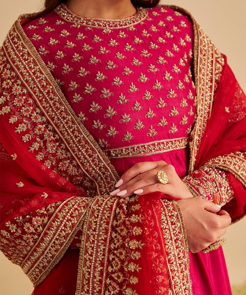 Pink embroidered silk anarkali set with jacket