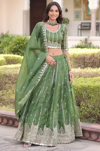 green embroidered crushed lehenga set choli with dupatta