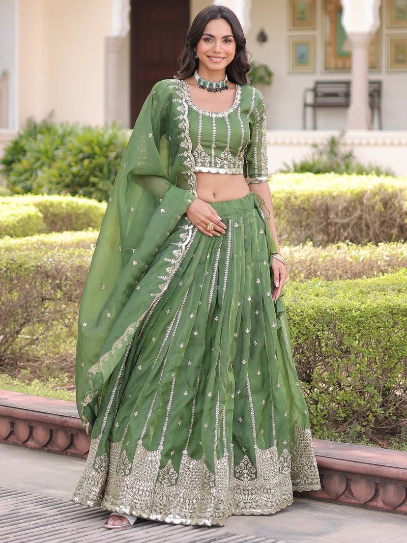 green embroidered crushed lehenga set choli with dupatta