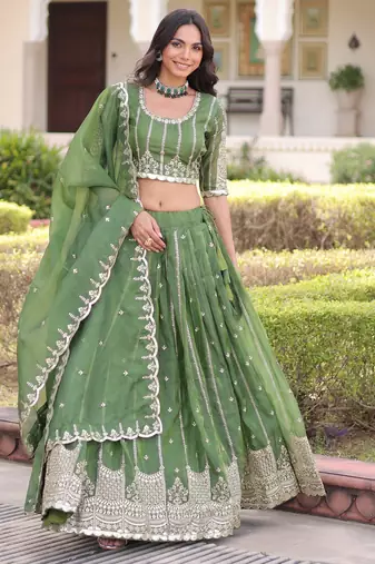 green embroidered crushed lehenga set choli with dupatta