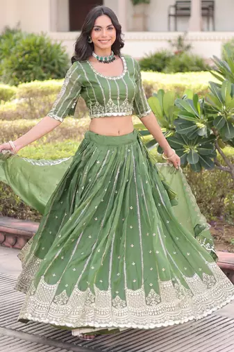 green embroidered crushed lehenga set choli with dupatta
