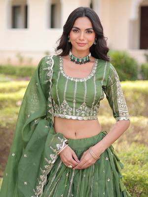 green embroidered crushed lehenga set choli with dupatta 5