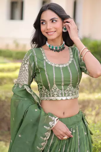 green embroidered crushed lehenga set choli with dupatta