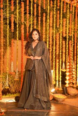 Coffee brown Embroidered Angarakha Anarkali Kurta Set 1