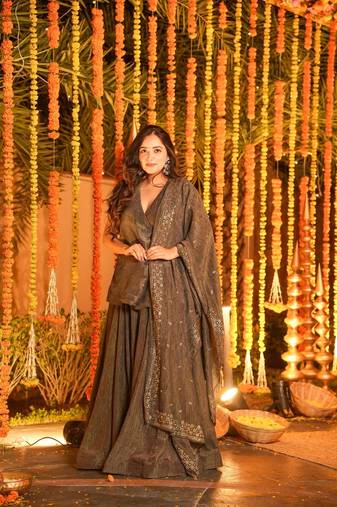 Coffee brown Embroidered Angarakha Anarkali Kurta Set