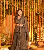 Coffee brown Embroidered Angarakha Anarkali Kurta Set