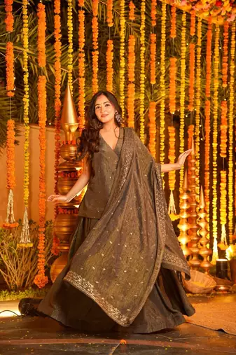 Coffee brown Embroidered Angarakha Anarkali Kurta Set