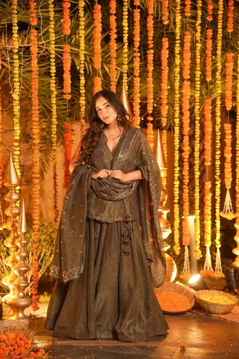 Coffee brown Embroidered Angarakha Anarkali Kurta Set