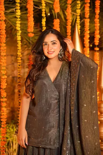 Coffee brown Embroidered Angarakha Anarkali Kurta Set