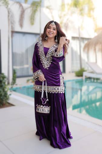 Purple readymade ice velvet top   palazzo set with batwa 