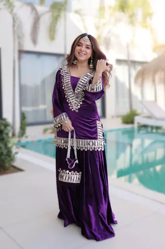 Purple readymade ice velvet top   palazzo set with batwa 