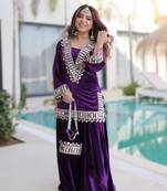 Purple readymade ice velvet top   palazzo set with batwa 