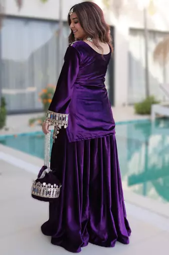 purple readymade ice velvet top palazzo set with batwa 