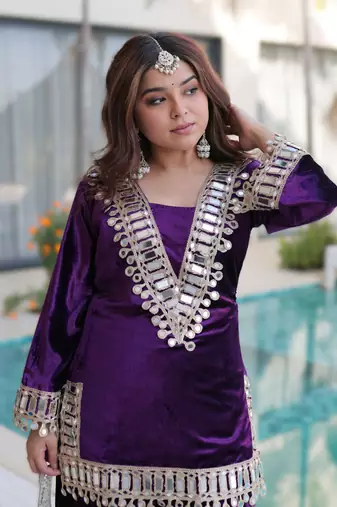 purple readymade ice velvet top palazzo set with batwa 