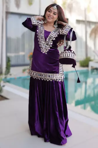 purple readymade ice velvet top palazzo set with batwa 