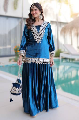 Teal-blue  readymade ice velvet top   palazzo set with batwa 