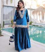 Teal-blue  readymade ice velvet top   palazzo set with batwa 