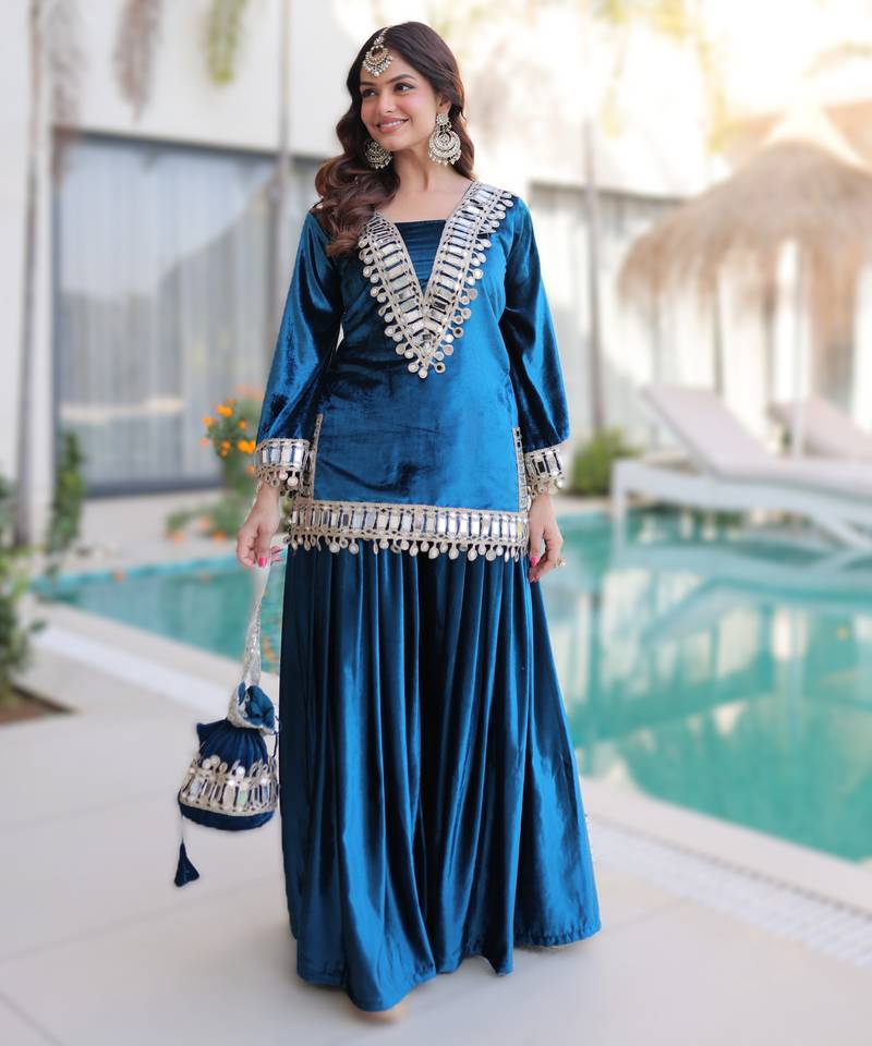 Teal-blue  readymade ice velvet top   palazzo set with batwa 