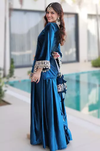 teal-blue velvet top palazzo set with batwa 