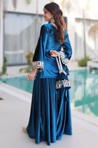 teal-blue velvet top palazzo set with batwa 