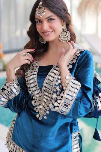 teal-blue velvet top palazzo set with batwa 