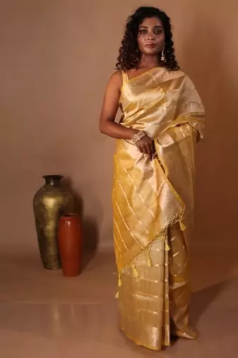 yellow embroidered tissue saree