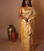yellow embroidered tissue saree