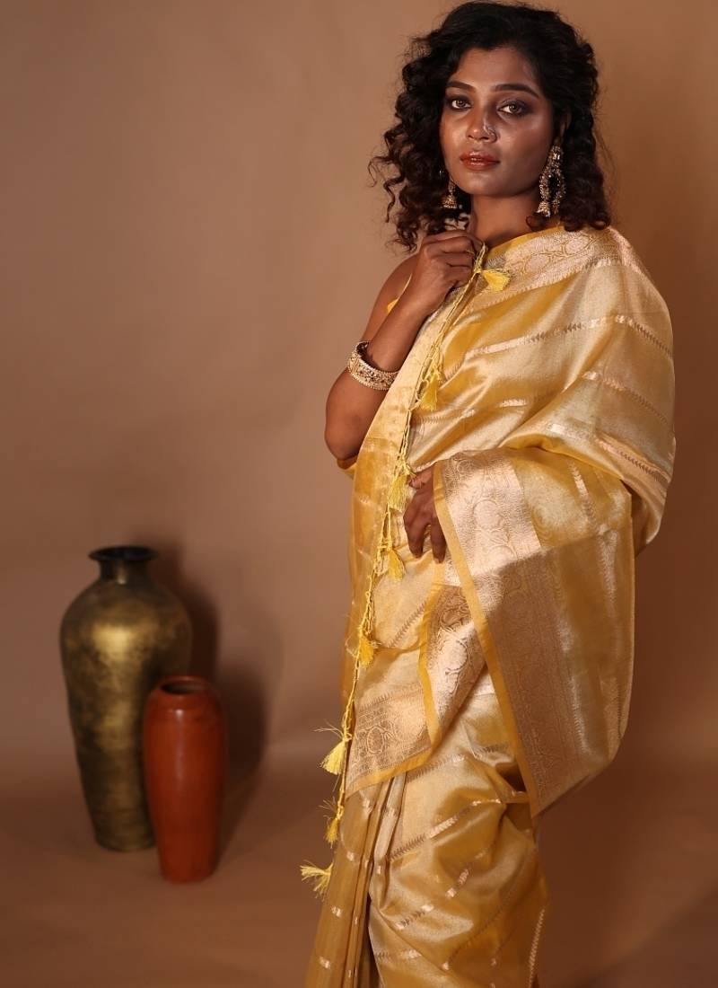 yellow embroidered tissue saree