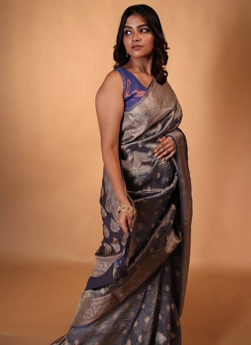 blue woven tissue saree