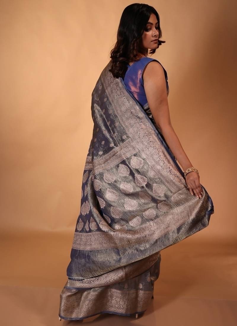 blue woven tissue saree