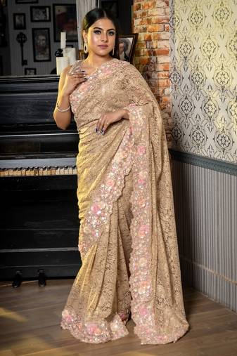 brown woven lace fabric saree