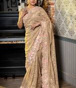 brown woven lace fabric saree