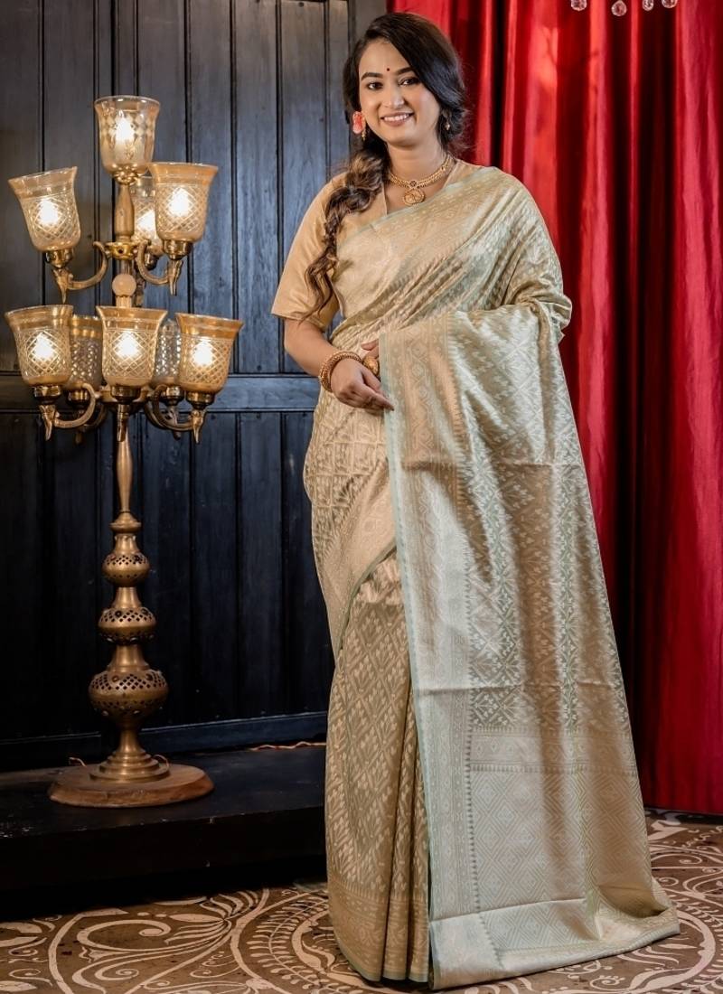 green woven chanderi silk blend saree