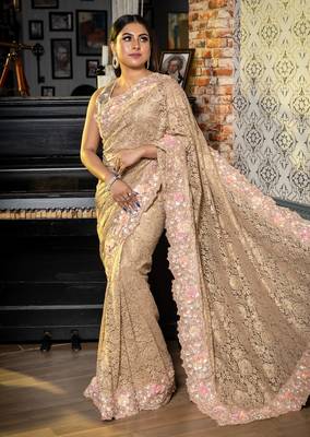 brown woven lace fabric zari work all seasons sarees 3