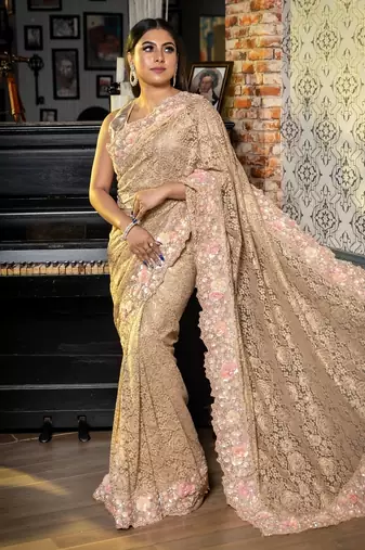 brown woven lace fabric zari work all seasons sarees