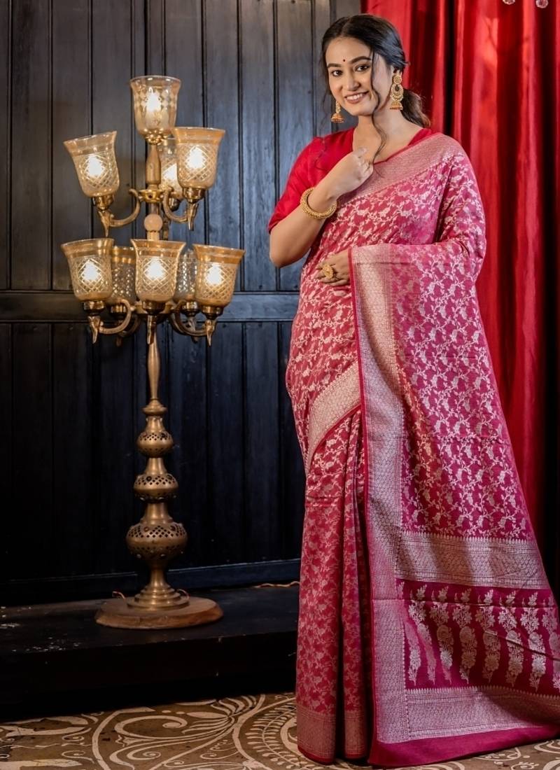 pink woven silk blend saree