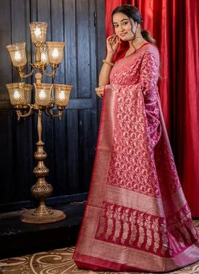 pink woven silk blend zari woven all seasons sarees 3
