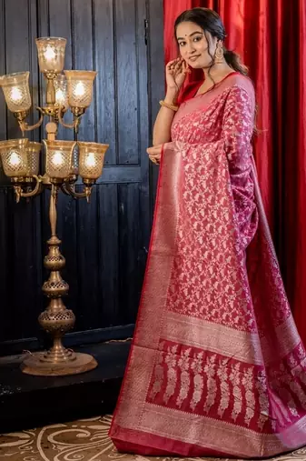 pink woven silk blend zari woven all seasons sarees