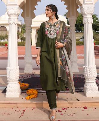 Mahendi color cotton silk embroidered Kurta set 1