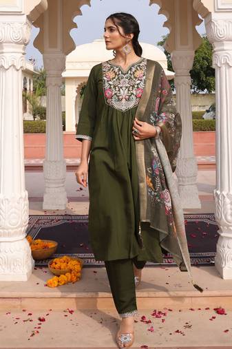 Mahendi color cotton silk fabric embroidered Kurta set