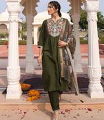 Mahendi color cotton silk fabric embroidered Kurta set
