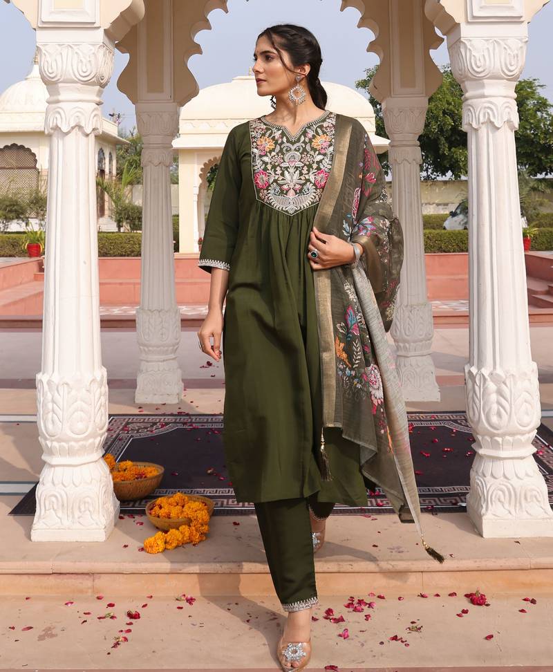 Mahendi color cotton silk fabric embroidered Kurta set