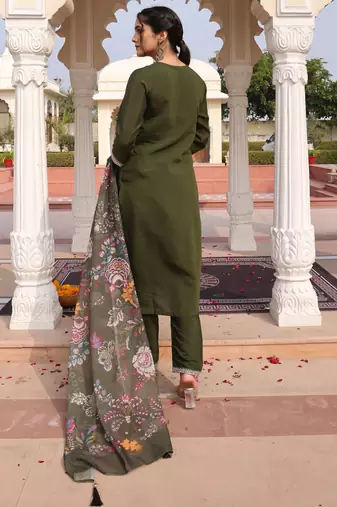 Mahendi color cotton silk embroidered Kurta set