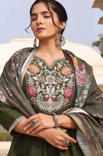 Mahendi color cotton silk embroidered Kurta set