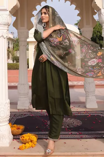 Mahendi color cotton silk embroidered Kurta set