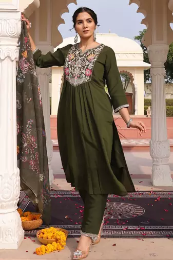 Mahendi color cotton silk embroidered Kurta set