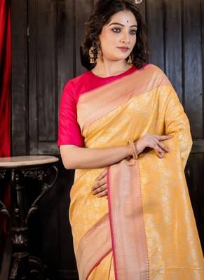 yellow woven matka silk blend zari woven all seasons sarees 2